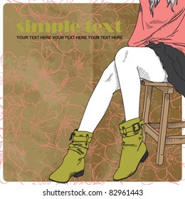 Fashion girl in green boots on a paper-background. Vector illustration.