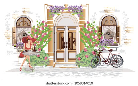 Fashion girl in a hat at the cafe table in the street of the old city. Bicycle. Hand drawn vector architectural background with historic buildings.