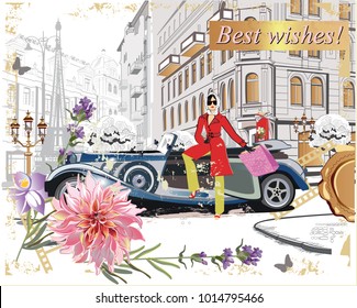 Fashion girl in a hat and in  a coat  shopping in the street of the old city. Retro car. Hand drawn vector architectural background with historic buildings.