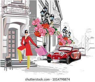 Fashion girl in a hat and in  a coat  shopping in the street of the old city. Retro car. Hand drawn vector architectural background with historic buildings.