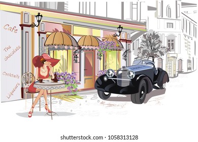 Fashion girl in a hat and in  a coat  shopping in the street of the old city. Retro car. Hand drawn vector architectural background with historic buildings.