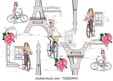 Fashion Girl in the hat on the bicycle in Paris. The Eiffel tower.