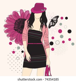 Fashion girl in hat on a floral background