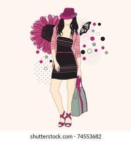 Fashion girl in hat on a floral background