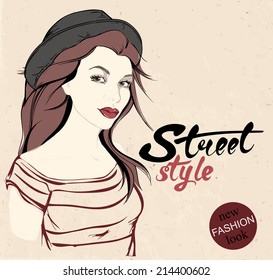 Fashion girl with hat on grunge. Graffiti letters on the wall. 