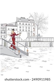 Fashion girl in a hat  shopping in the street of the old city. Hand drawn vector architectural background with historic buildings.