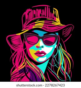 Niña de moda con sombrero y gafas de sol en la técnica de arte pop ilustración vectorial 