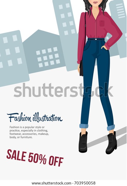 fashion girl icon. hipster girl style on the big\
city background. slim figure. poster for sale. Seasonal sale. well\
dressed Women. Young girl is walking out. Beautiful fashion style.\
street poster\
