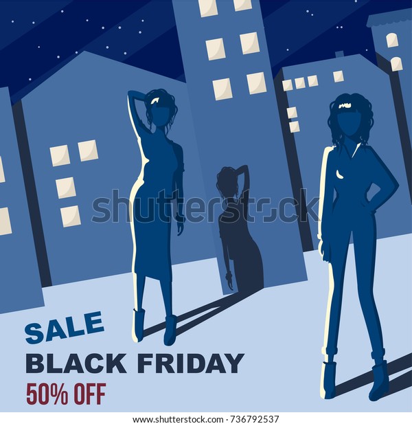 the fashion girl icon in the night street. Black\
friday sale banner. night sale fashion background. hipster girl on\
the big city background. poster for sale. Seasonal sale. Beautiful\
fashion style\
