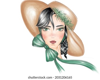 Ilustración femenina de moda con elegante apariencia y maquillaje artístico al estilo victoriano. retrato de una mujer con los ojos verdes usando un sombrero con una proa de cinta. mujer de moda con una hermosa cara en vector.