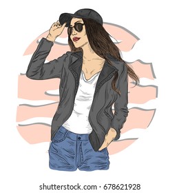 Fashion Girl Jacket Jeans Black Sunglasses Stock Vector (Royalty Free ...