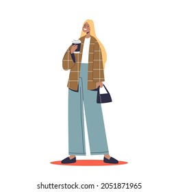 Fashion girl in jacket and trendy jeans drinking coffee wearing stylish street style clothes from autumn collection. Young trend woman hipster. Cartoon flat vector illustration