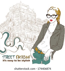 Fashion girl in leather jacket on the street vector illustration