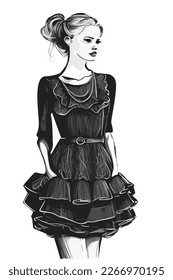 Fashion girl in little black dress, casual style model, beautiful women in fashion dress, actual style vector illustration