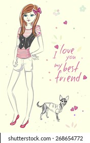 Fashion girl with little dog hand drawn illustration Background with model