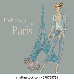 Fashion girl with little dog near Eiffel tower hand drawn illustration Background with model