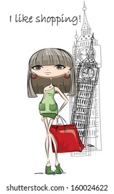 Fashion girl  in London , vector background 