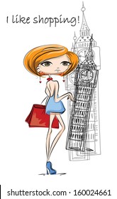 Fashion girl  in London , vector background 