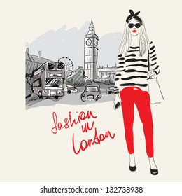 Fashion Girl In London.vector Illustration