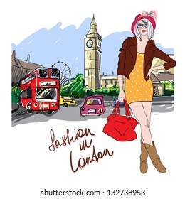 fashion girl in london.vector illustration