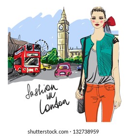 fashion girl in london.vector illustration