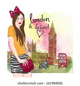 Fashion girl in london.vector illustration 