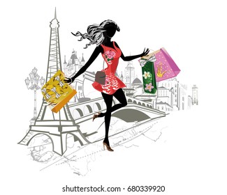 Fashion girl with long hair shopping around the world. Europe sights. Hand drawn illustration.