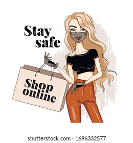 Fashion girl in mask with shopping bag illustration