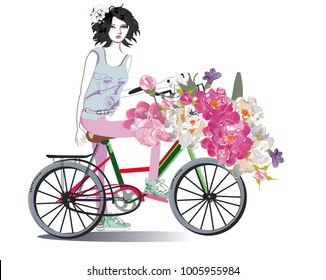 Fashion girl on the bicycle with flowers. Floral decorations with peonies, roses and dahlias.  Hand drawn illustration.