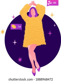 Fashion girl on the party at night. Woman getting likes and comments in social network. Vector cartoon\fashion illustration isolated on white background. 
Сircle - the background of the picture