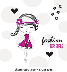 fashion girl on polka dots background, T-shirt design vector illustration