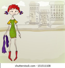  Fashion girl on a street background.  Vector illustration. 