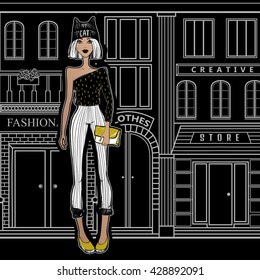 Fashion girl on the streets of Paris, walking to the shops. Young woman from New York City goes shopping. Beautiful model. Cartoon illustration. Sketch lady. Black and white.