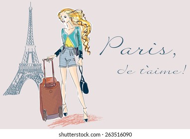 Fashion girl in Paris hand drawn illustration Background with model and Eiffel Tower