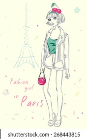 Fashion girl in Paris near Eiffel Tower hand drawn illustration Background with model