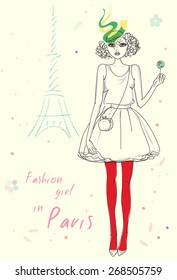 Fashion girl in Paris near Eiffel Tower hand drawn illustration Background with model