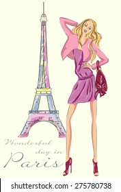 Fashion girl in Paris near Eiffel Tower hand drawn illustration Background with model