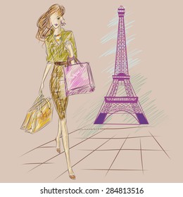 Fashion girl in Paris near Eiffel Tower hand drawn illustration Background with model