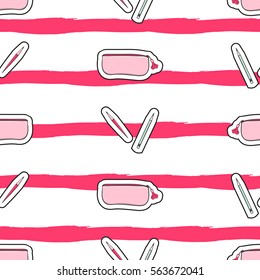 Fashion girl pattern vector seamless with pencil case and stationery on brush stripes background. Cute print for preschool, teen or student girls.