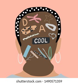 Fashion girl portrait  from back side,  trendy hairstyle and hair band. Stylish geometric hairpins and hair clips with pearls on hair. Vector illustration for print, t-shirt design, poster, tote bag