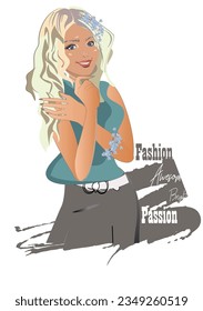 Fashion girl portrait with beautiful hair decorated with flowers,  in lines. Female style.Handwritten lettering quote, slogan or saying. Hand drawn vector illustration. 