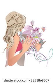 Fashion girl portrait with beautiful hair decorated with flowers,  in lines. Female style.Handwritten lettering quote, slogan or saying. Hand drawn vector illustration. 
