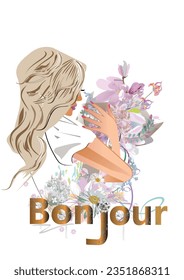 Fashion girl portrait with beautiful hair decorated with flowers,  in lines. Female style.Handwritten lettering quote, slogan or saying. Hand drawn vector illustration. 