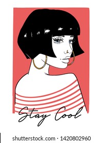 Fashion Girl portrait with earring and slogan, For t-shirt prints and other uses.