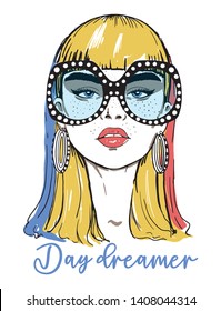 Fashion Girl portrait with sunglasses and slogan, For t-shirt prints and other uses.