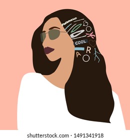  Fashion girl portrait  with trendy hairstyle and sunglasses. Model pose. Stylish geometric hairpins and hair clips with pearls on hair. Vector illustration for print, t-shirt design, poster