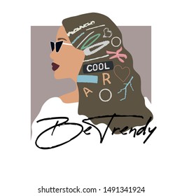 Fashion girl portrait  with trendy hairstyle. Stylish geometric hairpins and hair clips with pearls on hair. Be trendy text. Vector illustration for print, t-shirt design, poster, banner, tote bag