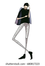 Fashion girl, posing, model, modern clothes, vector illustration, trousers, jacket