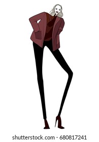 Fashion girl, posing, model, modern clothes, vector illustration, trousers, jacket