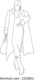Fashion girl posing. Street style. Nice vector flat line art illustration. Vector element for decoration in the style of minimalism. Fashion model. Imitation of drawing by one line. Trendy look